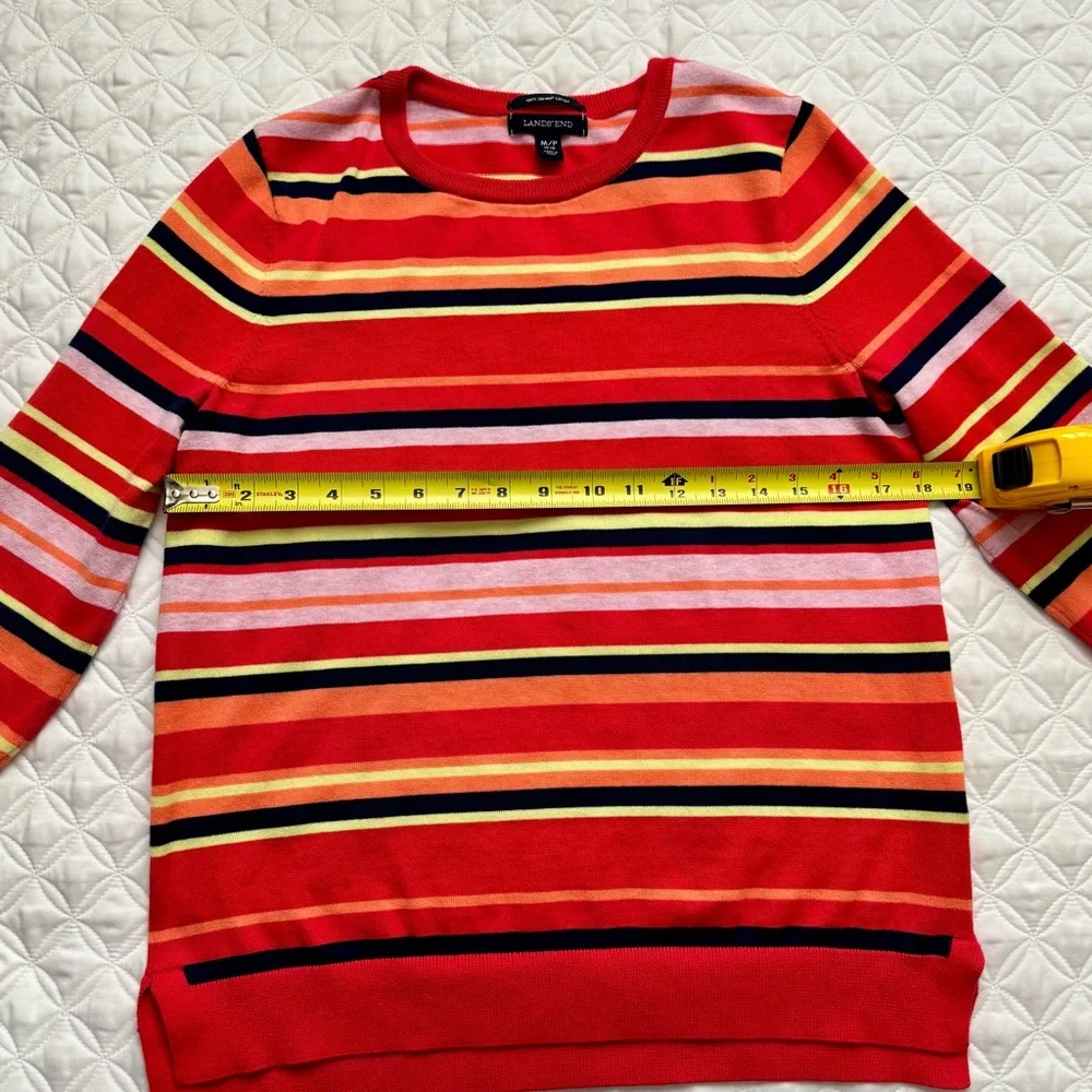 Lands' End 100% Supima Cotton Striped Crewneck 3/4 Sleeve Sweater Red Size MP